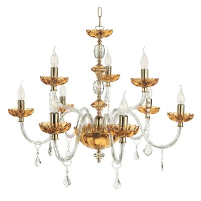 PATRICIA LAMPADARIO A SOSPENSIONE CLASSICO IN VETRO E CRISTALLO A 9 LUCI AMBRA CON FINITURA ORO ONDALUCE CICIRIELLO - Cristalens