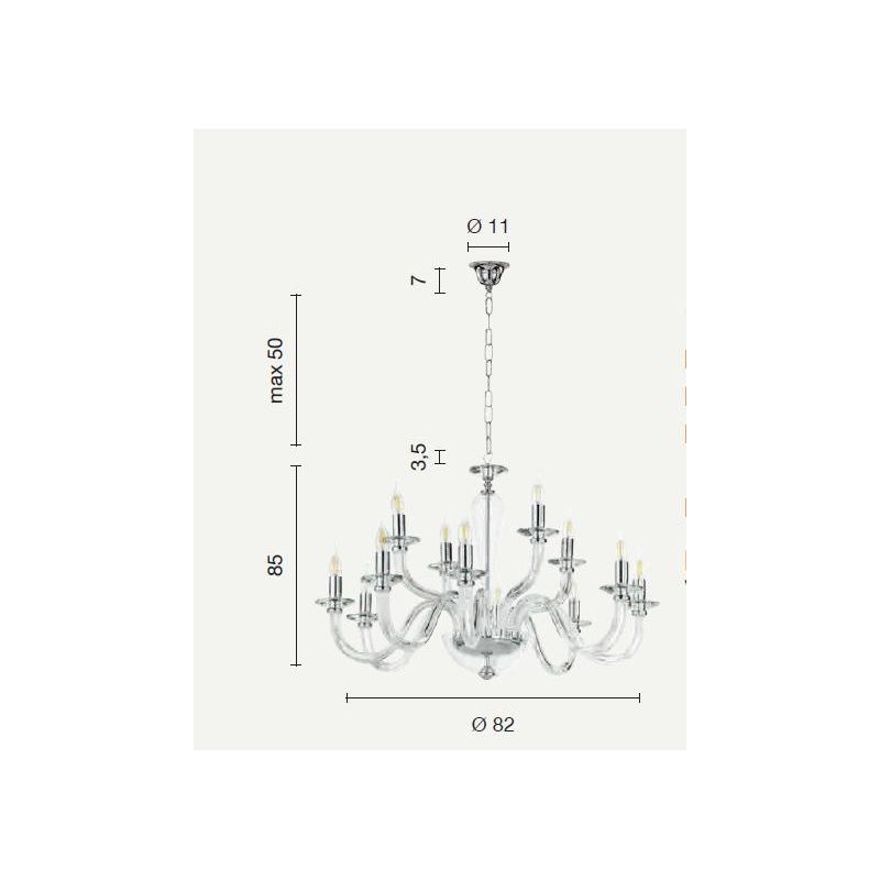 RAVEL LAMPADARIO A SOSPENSIONE CLASSICO IN VETRO E CRISTALLO A 12 LUCI IN 4 COLORI ONDALUCE ONDALUCE CICIRIELLO - Cristalensi Sh