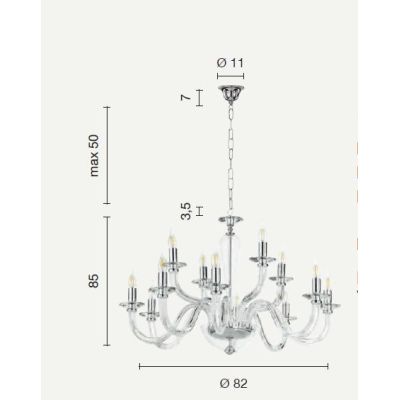 RAVEL LAMPADARIO A SOSPENSIONE CLASSICO IN VETRO E CRISTALLO A 12 LUCI IN 4 COLORI ONDALUCE ONDALUCE CICIRIELLO - Cristalensi Sh