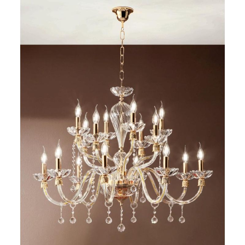 ROXANNE LAMPADARIO 16 LUCI IN CRISTALLO CON PENDAGLIERIA E MONTATURA ORO ONDALUCE CICIRIELLO - Cristalensi Shop Online