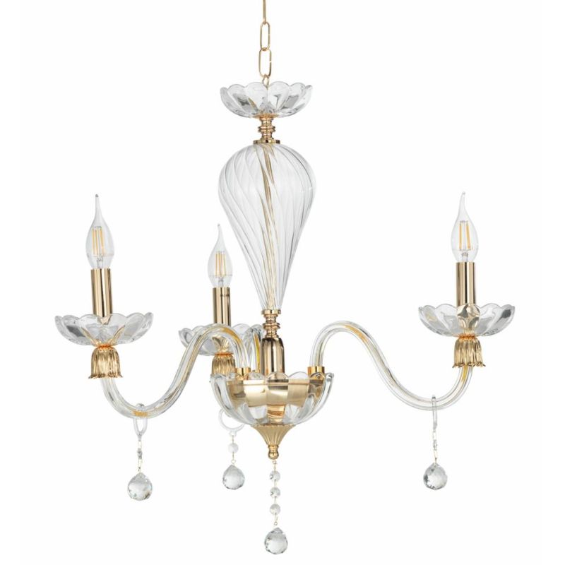 ROXANNE 3 LUCI LAMPADARIO CLASSICO ELEGANTE IN VETRO SOFFIATO TRASPARENTE CON FINITURE ORO ONDALUCE CICIRIELLO - Cristalensi Sho