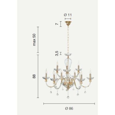 ROXANNE 9 LUCI LAMPADARIO A SOSPENSIONE CLASSICO ELEGANTE IN VETRO SOFFIATO TRASPARENTE FINITURE ORO ONDALUCE CICIRIELLO - Crist
