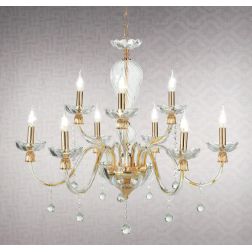 ROXANNE 9 LUCI LAMPADARIO A SOSPENSIONE CLASSICO ELEGANTE IN VETRO SOFFIATO TRASPARENTE FINITURE ORO ONDALUCE CICIRIELLO - Crist