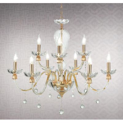 ROXANNE 9 LUCI LAMPADARIO A SOSPENSIONE CLASSICO ELEGANTE IN VETRO SOFFIATO TRASPARENTE FINITURE ORO ONDALUCE CICIRIELLO - Crist