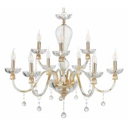 ROXANNE 9 LUCI LAMPADARIO A SOSPENSIONE CLASSICO ELEGANTE IN VETRO SOFFIATO TRASPARENTE FINITURE ORO ONDALUCE CICIRIELLO - Crist 2
