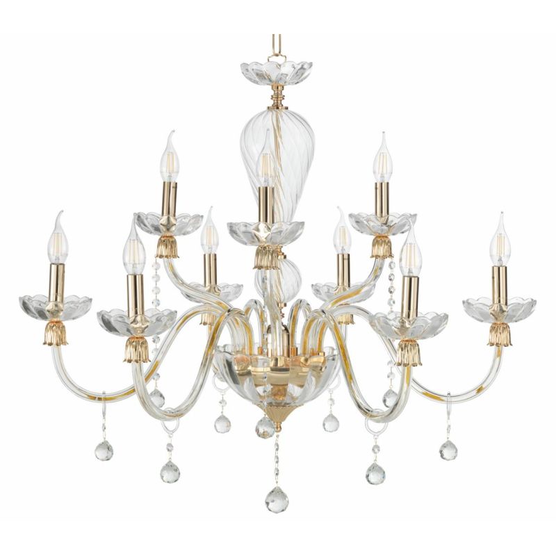 ROXANNE 9 LUCI LAMPADARIO A SOSPENSIONE CLASSICO ELEGANTE IN VETRO SOFFIATO TRASPARENTE FINITURE ORO ONDALUCE CICIRIELLO - Crist