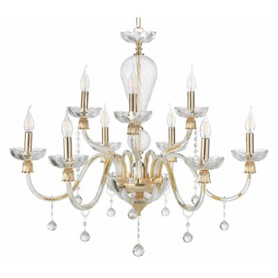 ROXANNE 9 LUCI LAMPADARIO A SOSPENSIONE CLASSICO ELEGANTE IN VETRO SOFFIATO TRASPARENTE FINITURE ORO ONDALUCE CICIRIELLO - Crist