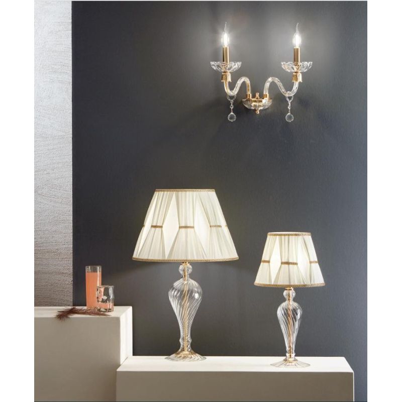 ROXANNE LAMPADA PICCOLA IN VETRO CON MONTATURA ORO E PARALUME TESSUTO ONDALUCE CICIRIELLO - Cristalensi Shop Online