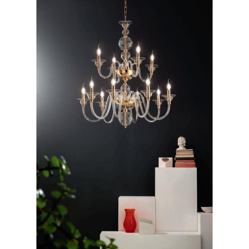 TEBE LAMPADARIO A SOSPENSIONE CLASSICO 12 LUCI IN VETRO LAVORATO A MANO 6 COLORI ONDALUCE CICIRIELLO - Cristalensi Shop Online