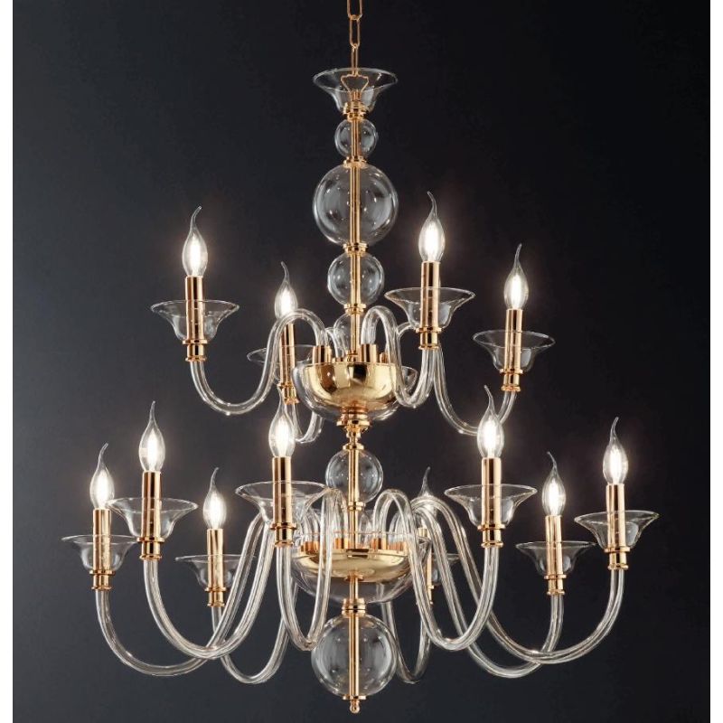 TEBE LAMPADARIO A SOSPENSIONE CLASSICO 12 LUCI IN VETRO LAVORATO A MANO 6 COLORI ONDALUCE CICIRIELLO - Cristalensi Shop Online