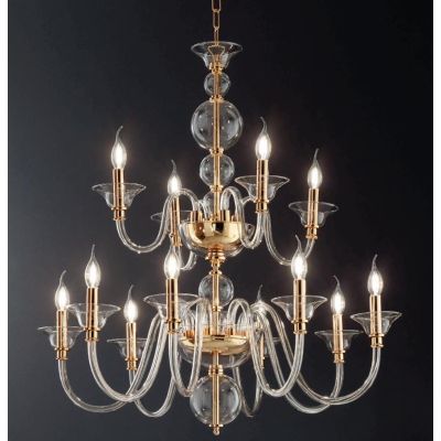 TEBE LAMPADARIO A SOSPENSIONE CLASSICO 12 LUCI IN VETRO LAVORATO A MANO 6 COLORI ONDALUCE CICIRIELLO - Cristalensi Shop Online