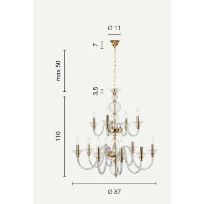 TEBE LAMPADARIO A SOSPENSIONE CLASSICO 12 LUCI IN VETRO LAVORATO A MANO 6 COLORI ONDALUCE CICIRIELLO - Cristalensi Shop Online