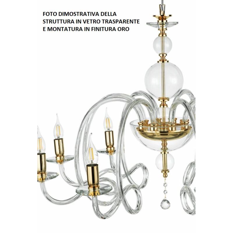 VIVALDI LAMPADARIO A SOSPENSIONE CLASSICO 6 LUCI IN VETRO E CRISTALLO IN 8 COLORI DI ONDALUCELU ONDALUCE CICIRIELLO - Cristalens