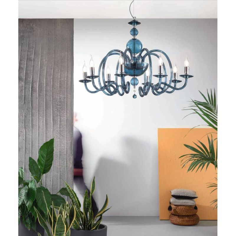 VIVALDI LAMPADARIO A SOSPENSIONE CLASSICO 8 LUCI CON CRISTALLI E VETRO COLORATO 8 COLORI ONDALUCE CICIRIELLO - Cristalensi Shop
