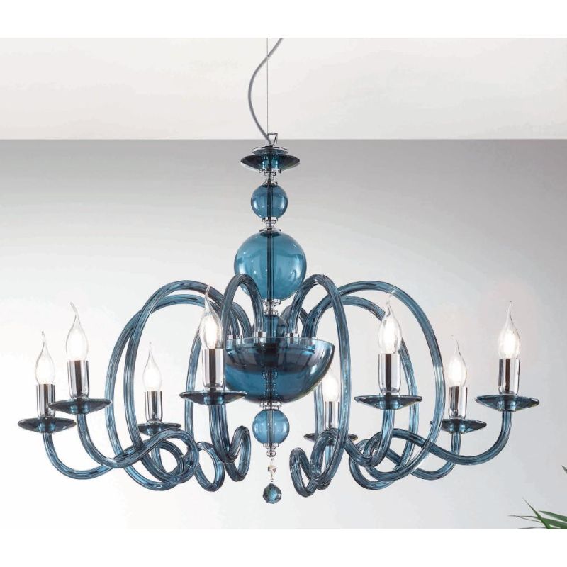 VIVALDI LAMPADARIO A SOSPENSIONE CLASSICO 8 LUCI CON CRISTALLI E VETRO COLORATO 8 COLORI ONDALUCE CICIRIELLO - Cristalensi Shop