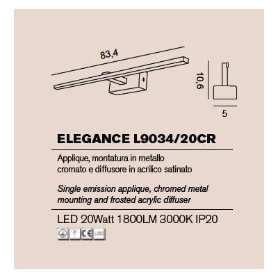 ELEGANCE APPLIQUE CROMO LUCIDO O BIANCA PER SOPRA SPECCHIO QUADRO LED 20W LED CM 83,4 MODERNA PROMOINGROSS - Cristalensi Shop On