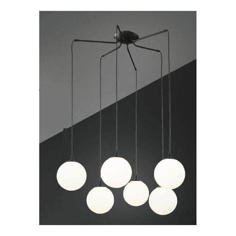 NIAGARA LAMPADARIO 6 LUCI IN METALLO NERO CON SFERE IN VETRO BIANCO OPALE MODERNO LAMPADINE E14 CRISTALENSI LUX - Cristalensi Sh
