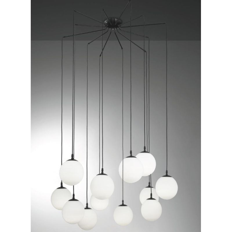 NIAGARA LAMPADARIO 12 LUCI IN METALLO NERO CON SFERE IN VETRO BIANCO OPALE MODERNO LAMPADINE E14 CRISTALENSI LUX - Cristalensi S