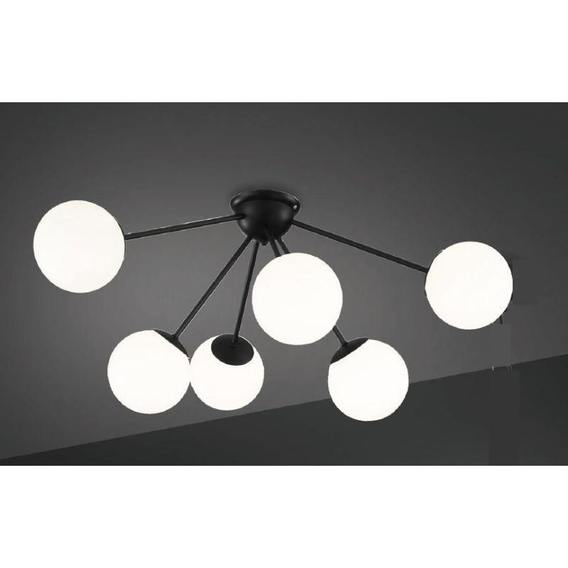 BALL PLAFONIERA MODERNA 6 LUCI IN METALLO NERO CON SFERE IN VETRO BIANCO OPALE LAMPADINE E14 CRISTALENSI LUX - Cristalensi Shop