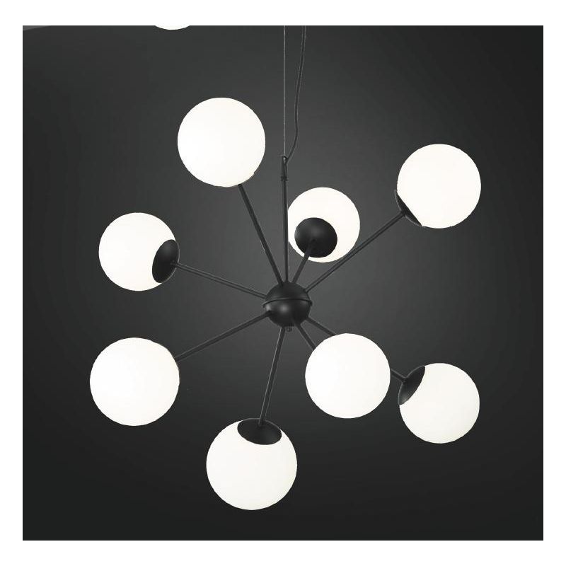 BALL SOSPENSIONE MODERNA 8 LUCI IN METALLO NERO CON SFERE IN VETRO BIANCO OPALE LAMPADINE E14 CRISTALENSI LUX - Cristalensi Shop