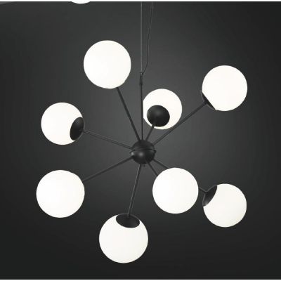 BALL SOSPENSIONE MODERNA 8 LUCI IN METALLO NERO CON SFERE IN VETRO BIANCO OPALE LAMPADINE E14 CRISTALENSI LUX - Cristalensi Shop