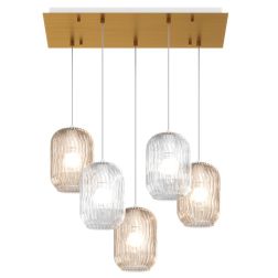 TENDER SOSPENSIONE 5 LUCI RETTANGOLARE FINITURA OTTONE CON DIFFUSORI IN VETRO COLORATO Top Light Illuminazione - Cristalensi Sho