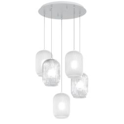 TENDER SOSPENSIONE 5 LUCI ROTONDA BASE IN FINITURA BIANCA CON DIFFUSORI IN VETRO COLORATO Top Light Illuminazione - Cristalensi