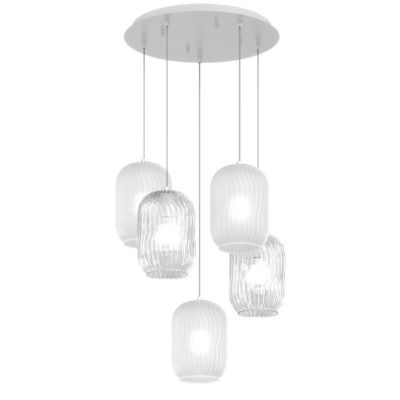 TENDER SOSPENSIONE 5 LUCI ROTONDA BASE IN FINITURA BIANCA CON DIFFUSORI IN VETRO COLORATO Top Light Illuminazione - Cristalensi