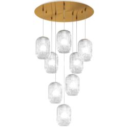 TENDER SOSPENSIONE 8 LUCI ROTONDA BASE IN FINITURA OTTONE CON DIFFUSORI IN VETRO COLORATO Top Light Illuminazione - Cristalensi