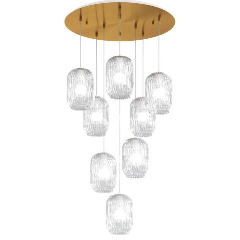 TENDER SOSPENSIONE 8 LUCI ROTONDA BASE IN FINITURA OTTONE CON DIFFUSORI IN VETRO COLORATO Top Light Illuminazione - Cristalensi
