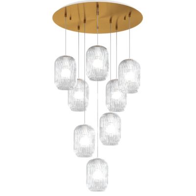 TENDER SOSPENSIONE 8 LUCI ROTONDA BASE IN FINITURA OTTONE CON DIFFUSORI IN VETRO COLORATO Top Light Illuminazione - Cristalensi