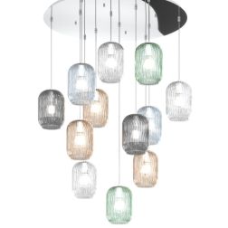 TENDER SOSPENSIONE 12 LUCI ROTONDA BASE IN FINITURA CROMO CON DIFFUSORI IN VETRO COLORATO Top Light Illuminazione - Cristalensi