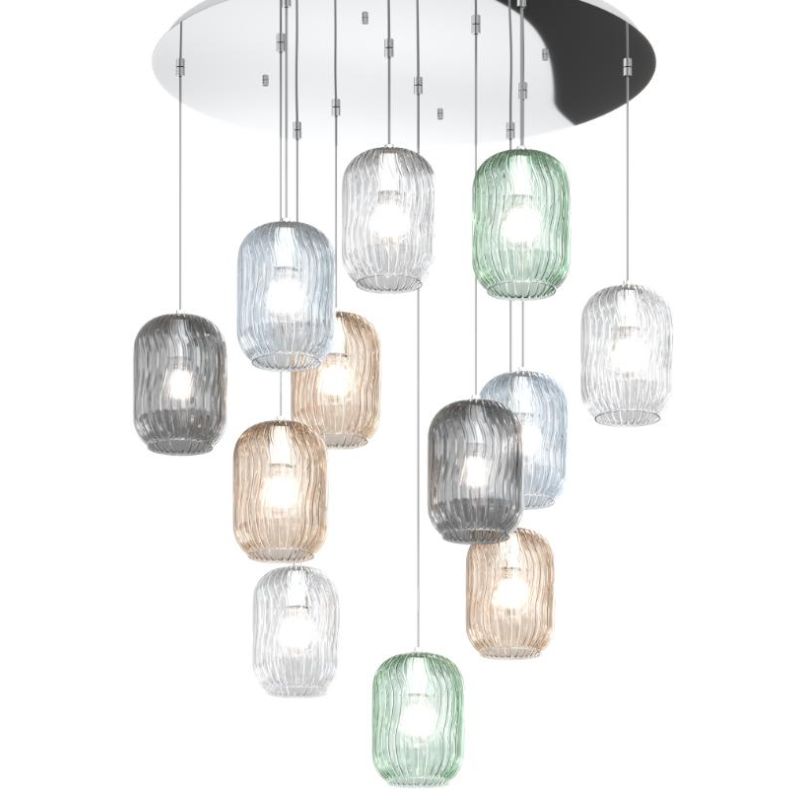 TENDER SOSPENSIONE 12 LUCI ROTONDA BASE IN FINITURA CROMO CON DIFFUSORI IN VETRO COLORATO Top Light Illuminazione - Cristalensi