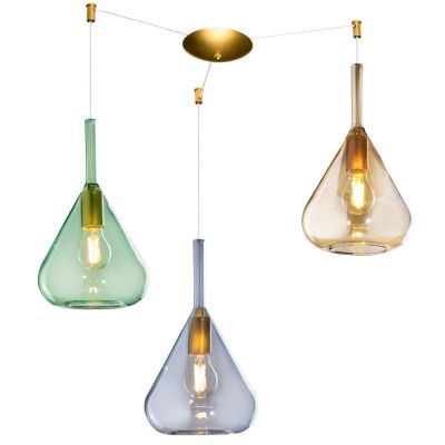 KONA SOSPENSIONE CON DECENTRO FINITURA OTTONE CON 3 DIFFUSORI A CONO IN VETRO COLORATO Top Light Illuminazione - Cristalensi Sho