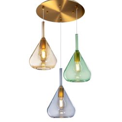 KONA SOSPENSIONE TONDA IN FINITURA OTTONE CON 3 DIFFUSORI A CONO PENDENTI IN VETRO COLORATO Top Light Illuminazione - Cristalens