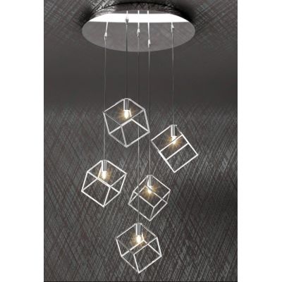 FRAME SOSPENSIONE MODERNA A 5 LUCI DIFFUSORI A CUBO IN METALLO CROMATO CON LAMPADINE ATTACCO G9 Top Light Illuminazione - Crista