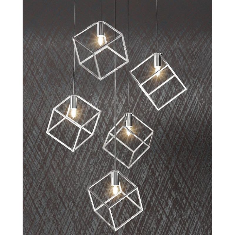 FRAME SOSPENSIONE MODERNA A 5 LUCI DIFFUSORI A CUBO IN METALLO CROMATO CON LAMPADINE ATTACCO G9 Top Light Illuminazione - Crista