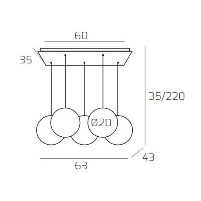 BIG ECLIPSE SOSPENSIONE 5 LUCI OTTONE CON DIFFUSORI A SFERA IN VETRO COLORATO DESIGN MODERNO Top Light Illuminazione - Cristalen