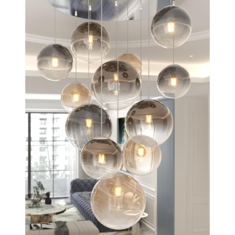 BIG ECLIPSE SOSPENSIONE MODERNA ROTONDA 12 LUCI CROMO CON DIFFUSORI A SFERA IN VETRO COLORATO Top Light Illuminazione - Cristale