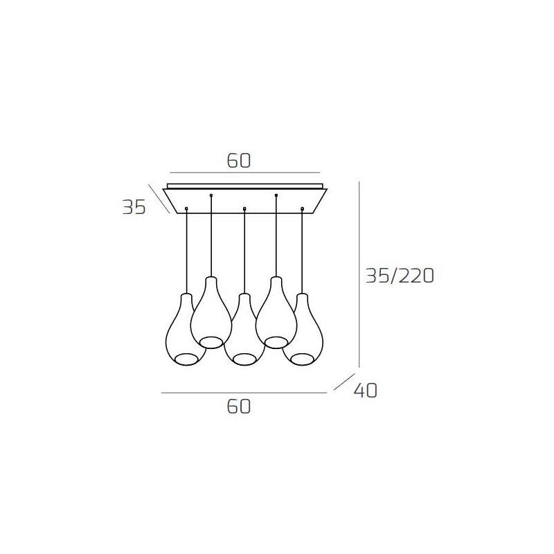 DROP 2.0 SOSPENSIONE RETTANGOLARE 5 LUCI CROMO CON DIFFUSORI A GOCCIA IN VETRO COLORATO DESIGN MODERNO Top Light Illuminazione -