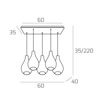DROP 2.0 SOSPENSIONE RETTANGOLARE 5 LUCI CROMO CON DIFFUSORI A GOCCIA IN VETRO COLORATO DESIGN MODERNO Top Light Illuminazione -