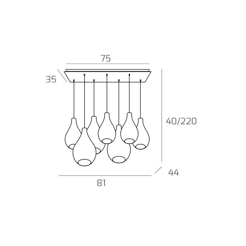 DROP 2.0 SOSPENSIONE RETTANGOLARE 7 LUCI OTTONE CON DIFFUSORI A GOCCIA IN VETRO COLORATO DESIGN MODERNO Top Light Illuminazione 
