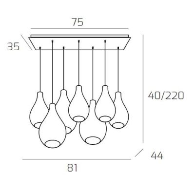 DROP 2.0 SOSPENSIONE RETTANGOLARE 7 LUCI OTTONE CON DIFFUSORI A GOCCIA IN VETRO COLORATO DESIGN MODERNO Top Light Illuminazione 