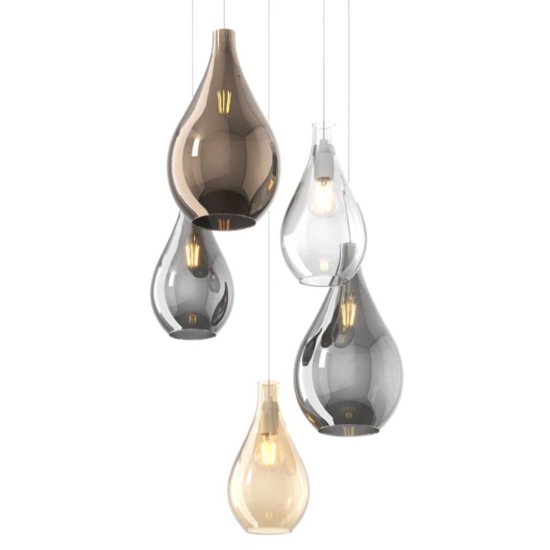 DROP 2.0 SOSPENSIONE ROTONDA 5 LUCI CROMO CON DIFFUSORI A GOCCIA IN VETRO COLORATO DESIGN MODERNO Top Light Illuminazione - Cris
