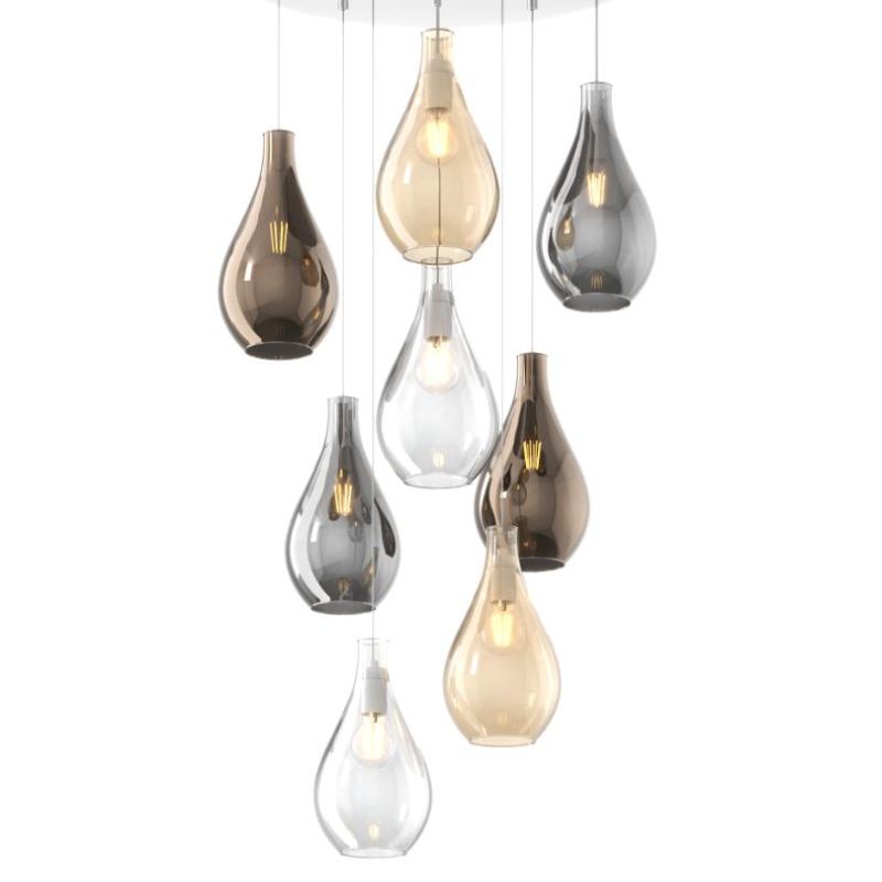 DROP 2.0 SOSPENSIONE ROTONDA 8 LUCI CROMO CON DIFFUSORI A GOCCIA IN VETRO COLORATO DESIGN MODERNO Top Light Illuminazione - Cris