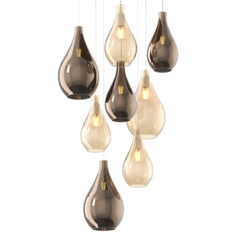 DROP 2.0 SOSPENSIONE ROTONDA 8 LUCI OTTONE CON DIFFUSORI A GOCCIA IN VETRO COLORATO DESIGN MODERNO Top Light Illuminazione - Cri