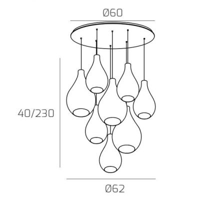 DROP 2.0 SOSPENSIONE ROTONDA 8 LUCI OTTONE CON DIFFUSORI A GOCCIA IN VETRO COLORATO DESIGN MODERNO Top Light Illuminazione - Cri
