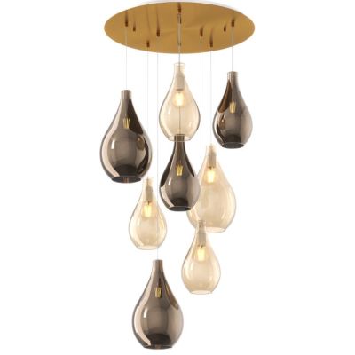 DROP 2.0 SOSPENSIONE ROTONDA 8 LUCI OTTONE CON DIFFUSORI A GOCCIA IN VETRO COLORATO DESIGN MODERNO Top Light Illuminazione - Cri