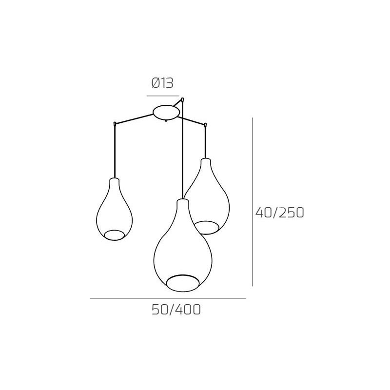 DROP 2.0 SOSPENSIONE 3 LUCI DECENTRATA IN FINITURA OTTONE CON DIFFUSORI A GOCCIA IN VETRO COLORATO Top Light Illuminazione - Cri