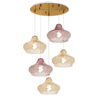 DRESS SOSPENSIONE ROTONDA 5 LUCI METALLO OTTONE CON DIFFUSORI IN VETRO COLORATO LAMPADINE ATTACCO E27 Top Light Illuminazione -